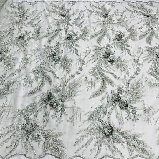 1 Yard Beaded Rhinestone 3D Floral Lace Fabric Embroidered 100 Percent Polyester Net Mesh 50 inch Width