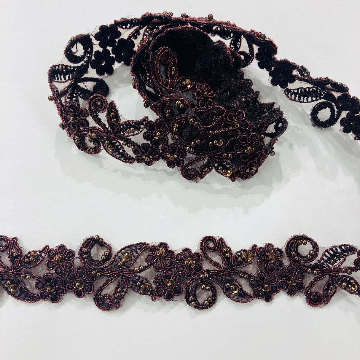 Beaded Corded Lace Trim on Polyester Organza