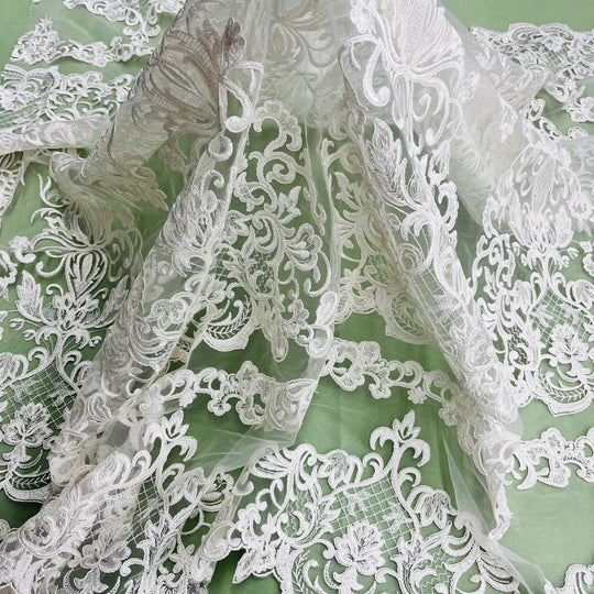 1 Yard Elegant Corded Bridal Lace Fabric Embroidered on Polyester Net Mesh