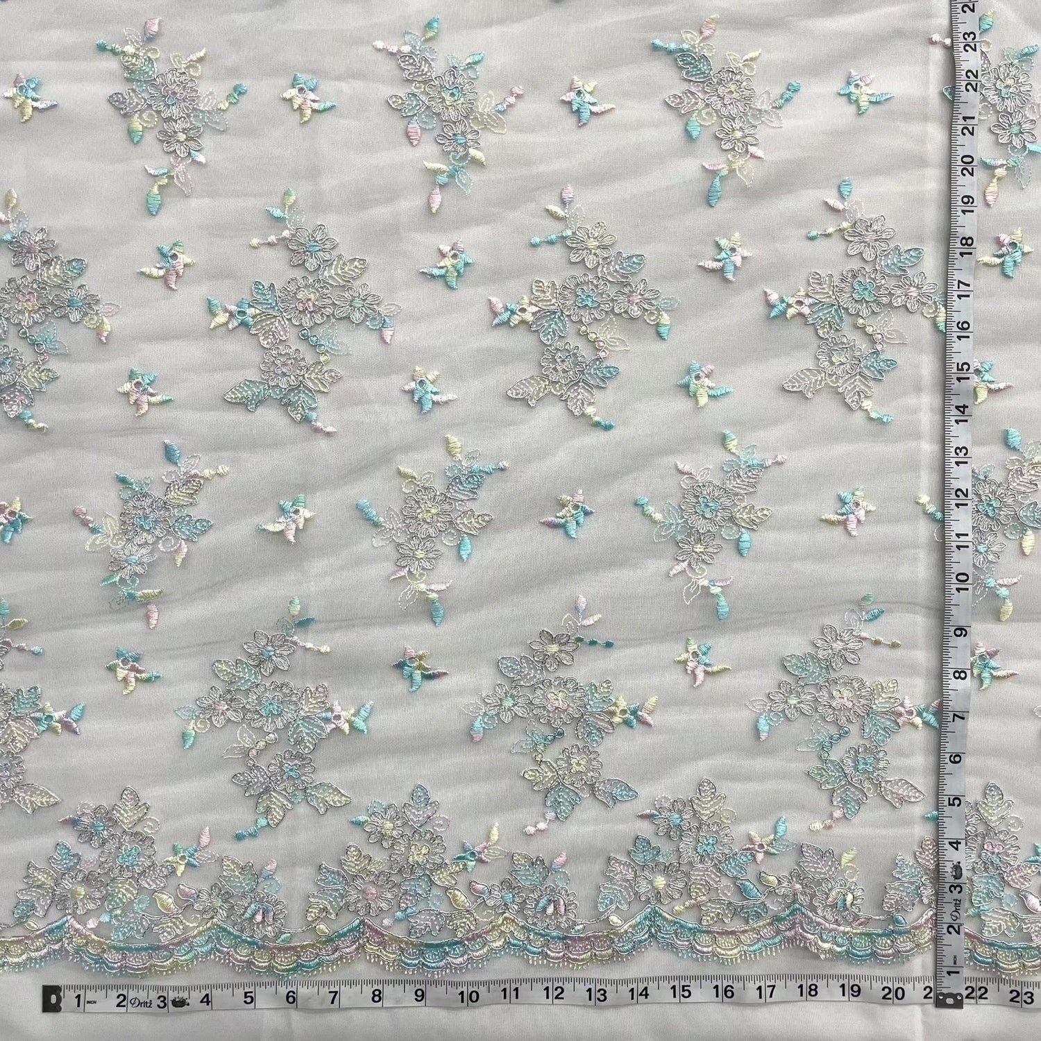 1 Yard Corded Bridal Lace Fabric Embroidered on Polyester Net Mesh Silver for Wedding and Evening Gowns – 51"