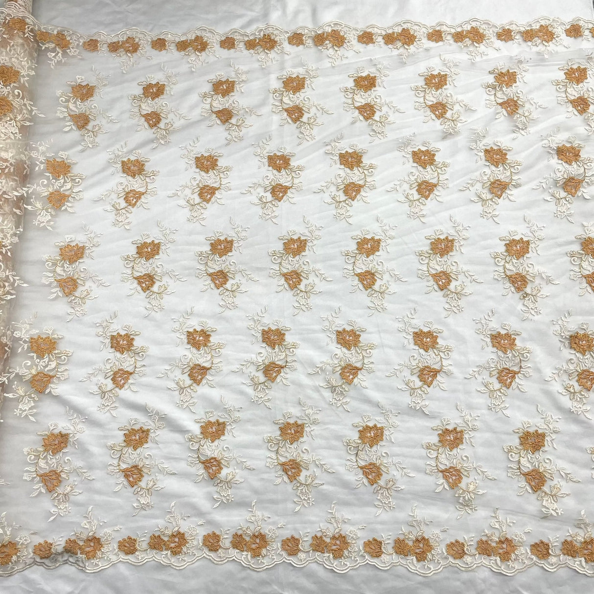 1 Yard Corded Bridal Lace Fabric Embroidered on 100% Polyester Net Mesh Gold 53" Wide