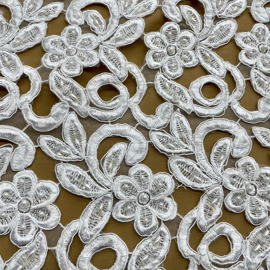 1 Yard Luxurious Beaded and Corded Bridal Lace Fabric Embroidered on Polyester Net Mesh