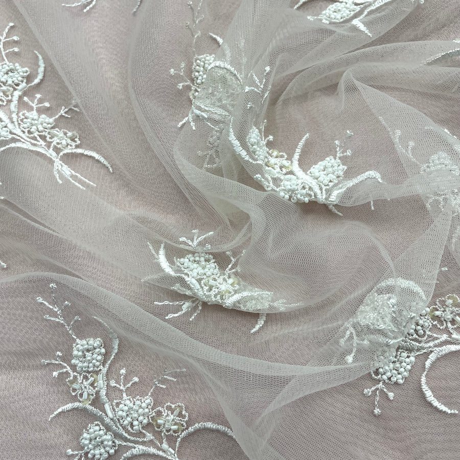 1 Yard - Beaded Lace Fabric Embroidered on 100% Polyester Net Mesh - Ivory - 52" Wide