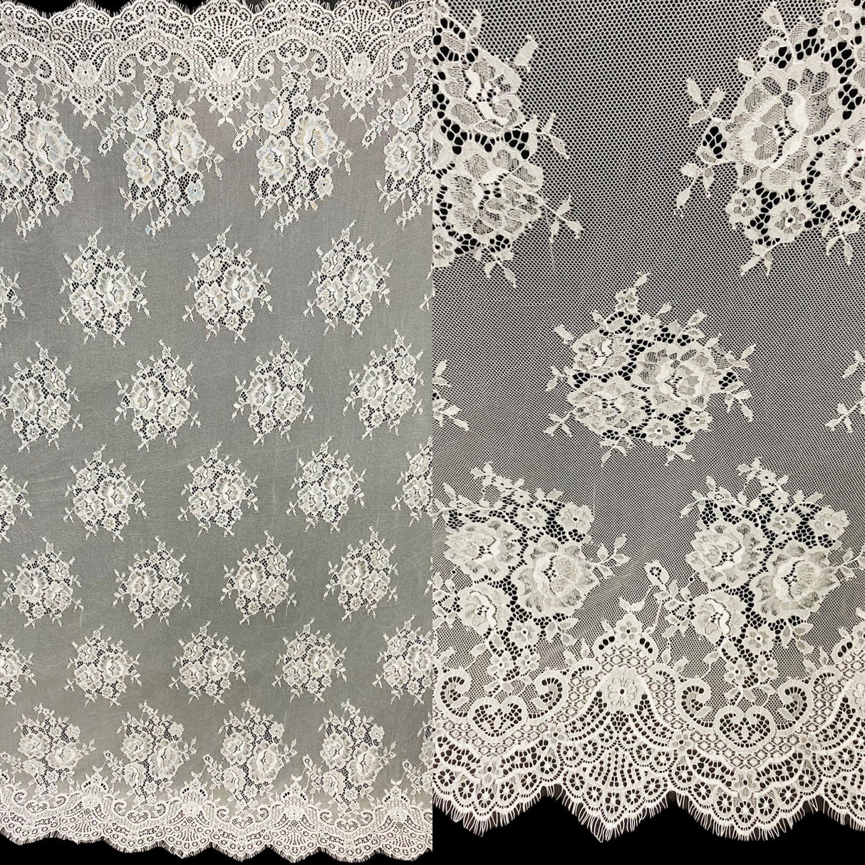 1 Panel Chantilly Embroidered Lace Fabric with Eyelash Scallop – White – 3 Yards x 60"