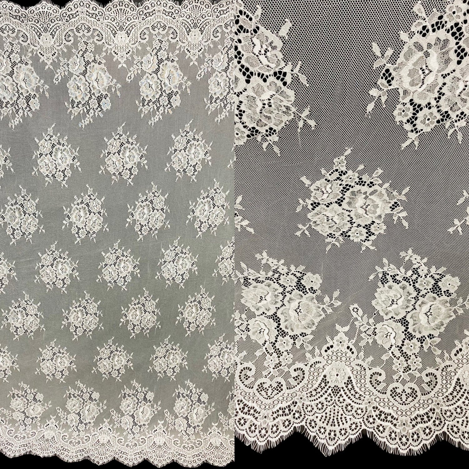 1 Panel Chantilly Embroidered Lace Fabric with Eyelash Scallop – White – 3 Yards x 60"