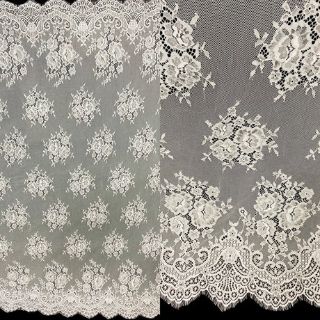 1 Panel Chantilly Embroidered Lace Fabric with Eyelash Scallop – White – 3 Yards x 60"