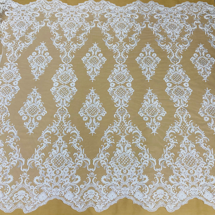 1 Yard Exquisite Beaded Lace Fabric Embroidered on 100% Polyester Net Mesh White
