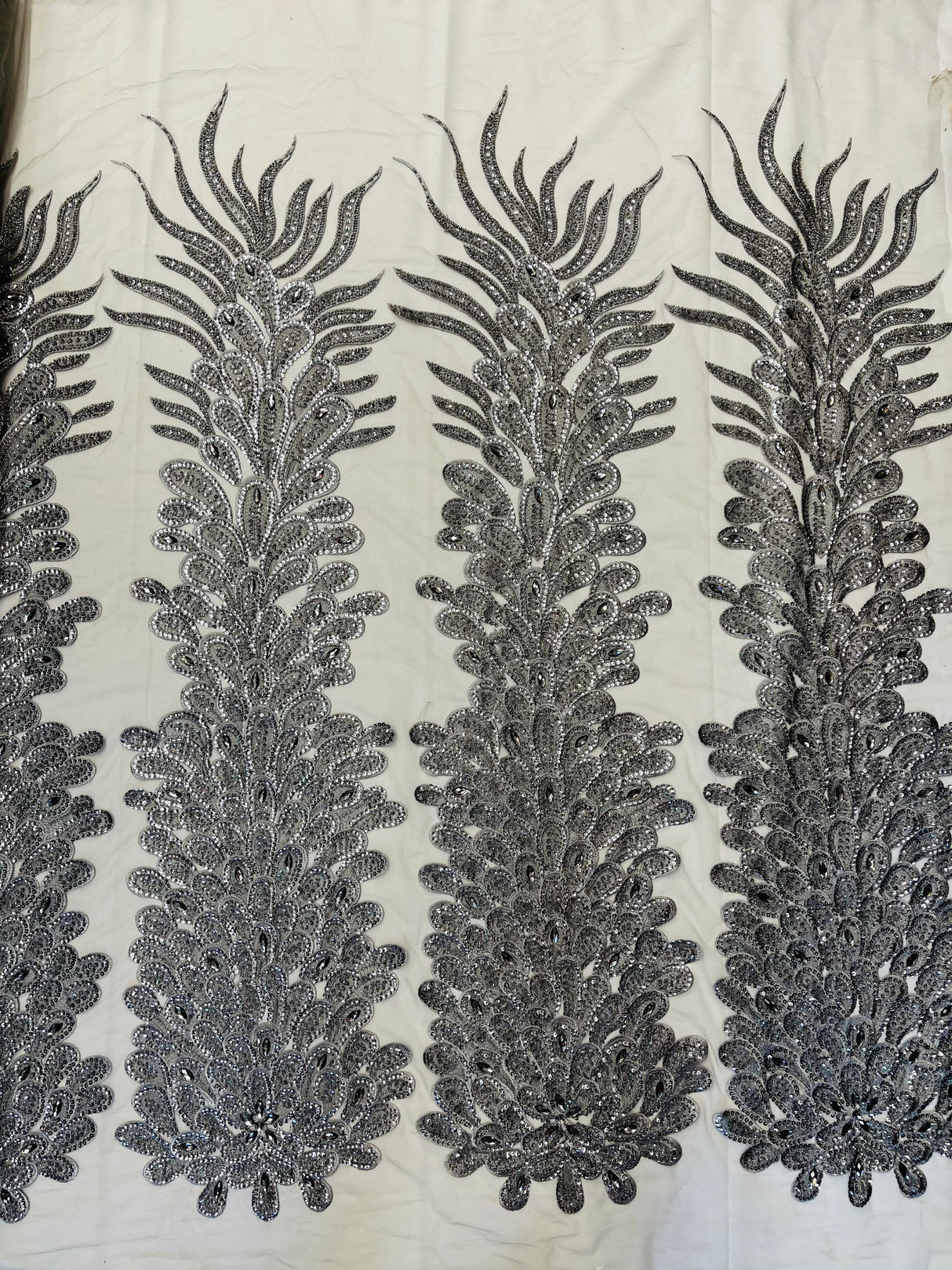 New Vegas Heavy Beaded Feather Design Embroidery Mesh Fabric - Beaded Feather Design, 11" Width, 50" Length (1 Panel)
