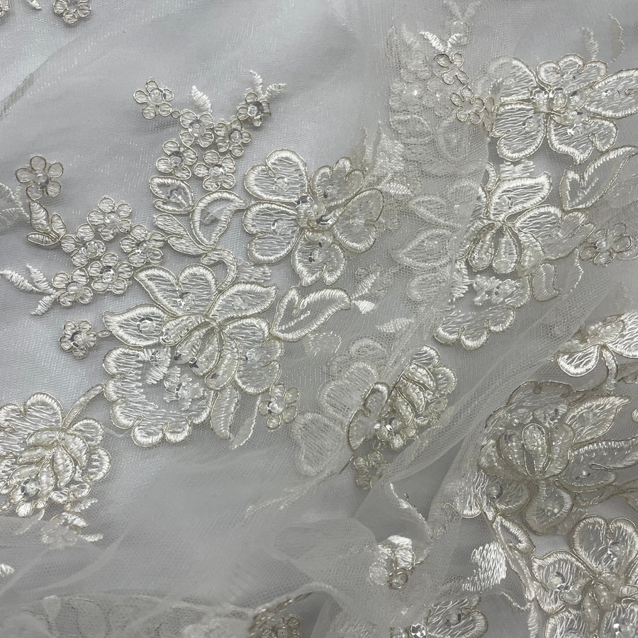 1 Yard Exquisite Beaded Lace Fabric Embroidered with Sequins on Polyester Net Mesh