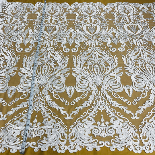 1 Yard Elegant Corded Bridal Lace Fabric Embroidered on Polyester Net Mesh