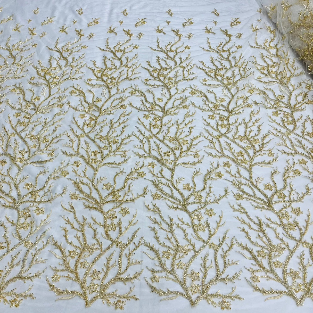 Beaded Lace Fabric Embroidered With Fuzzy Thread On 100 Percent Polyester Net Mesh - Ivory, Silver, White, Gold, 54" Wide (1 Yard)