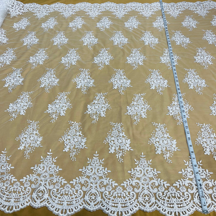 1 Yard Luxurious Corded Embroidered Bridal Lace Fabric for Couture Dresses White