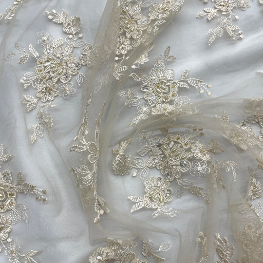 1 Yard Corded Bridal Lace Fabric Embroidered 100 Percent Polyester Net Mesh 50 inch Width