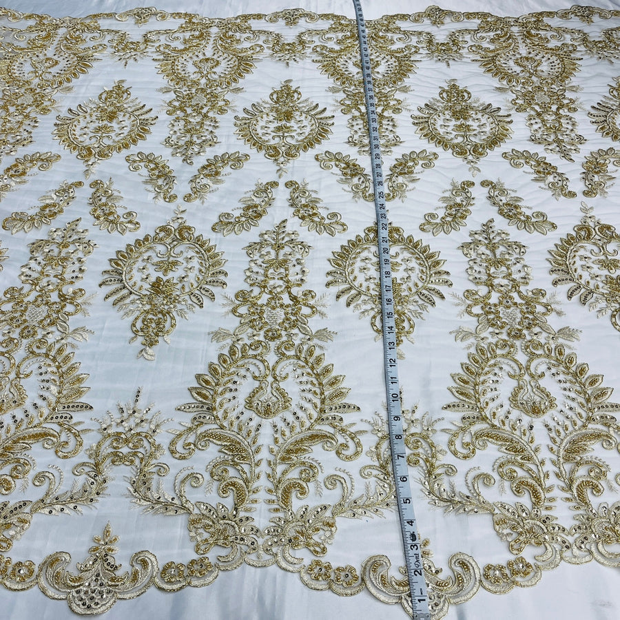 1 Yard Ivory Beaded and Corded Bridal Lace Fabric Embroidered on Polyester Net Mesh 52 Inch Width