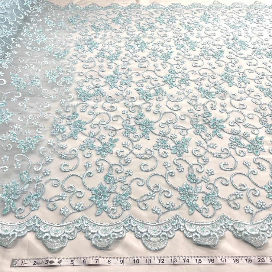 1 Yard - Beaded & Corded Bridal Fabric Lace Embroidered on 100% Polyester Net Mesh - Ivory - 54"