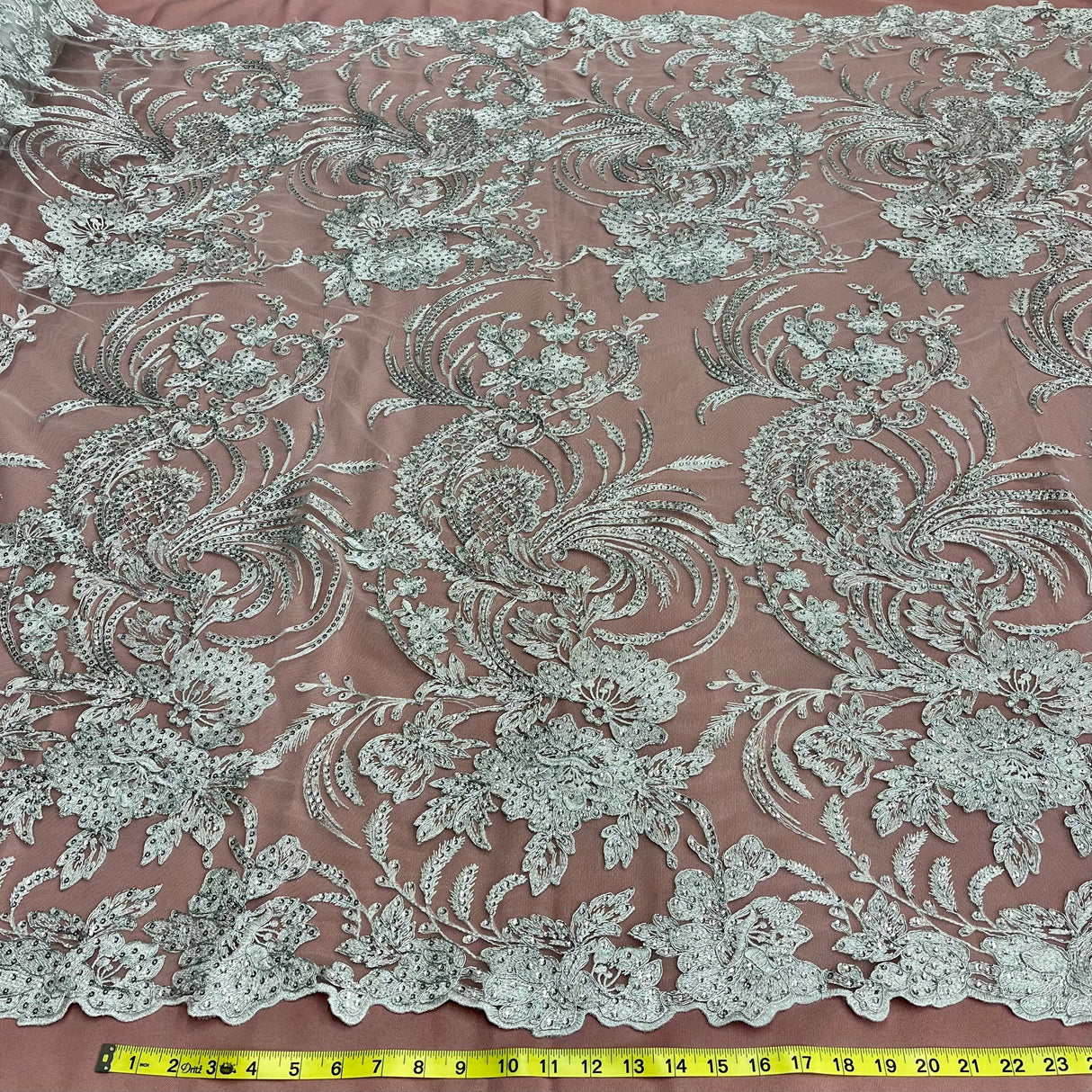 1 Yard Corded & Sequined Bridal Lace Fabric Embroidered on 100% Polyester Net Mesh – Silver – 54"