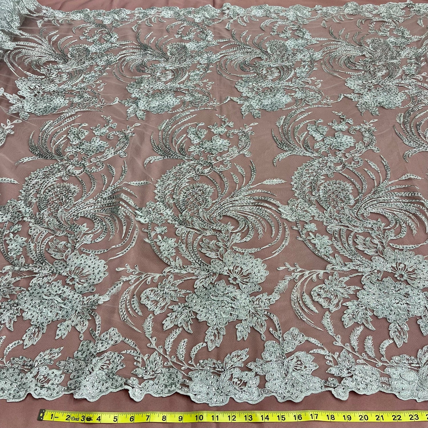 1 Yard Corded & Sequined Bridal Lace Fabric Embroidered on 100% Polyester Net Mesh – Silver – 54"