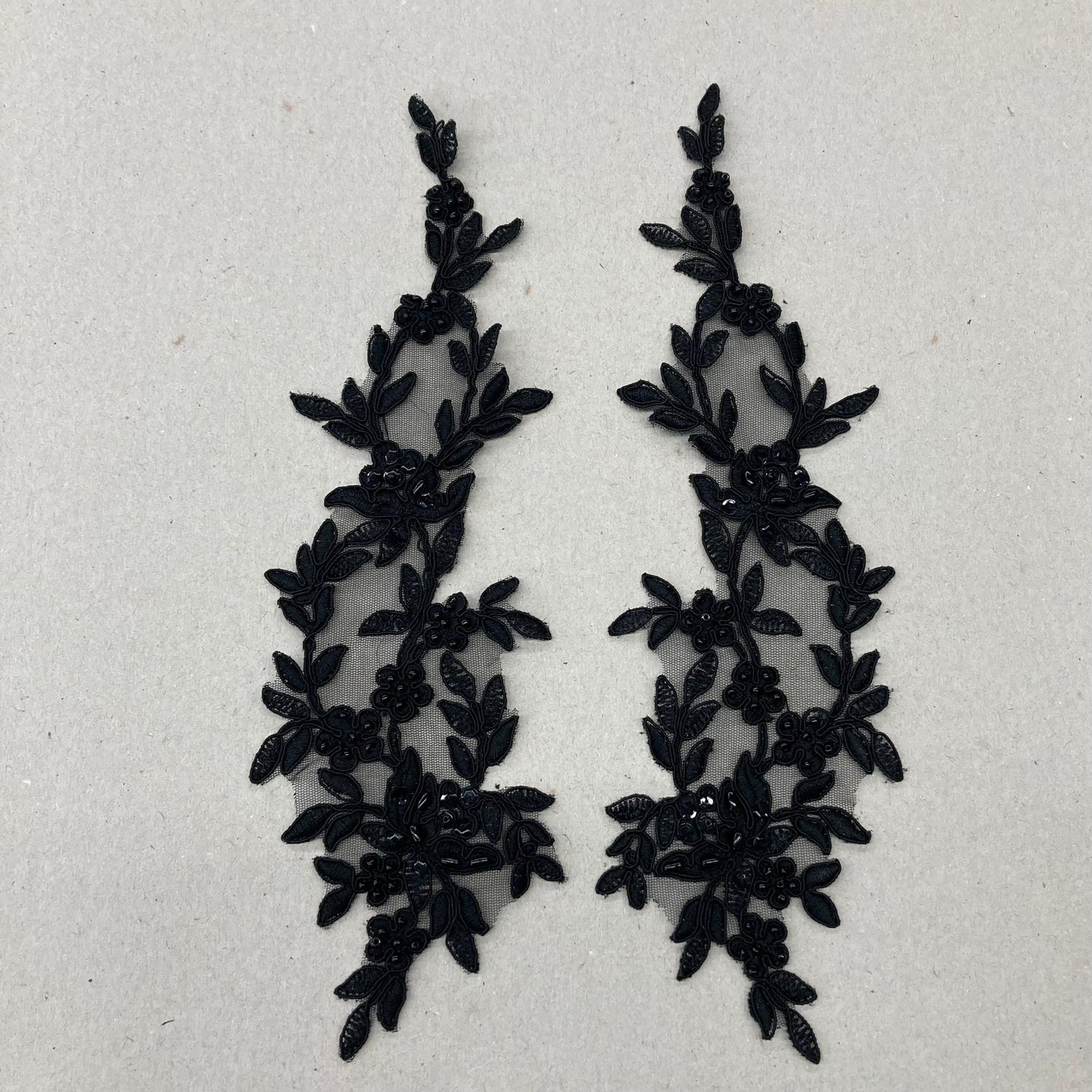 1 Pair Beaded & Corded Floral Lace Applique 13" x 4" Each Side