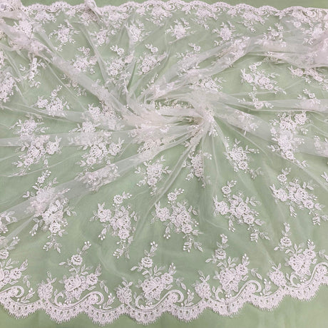 1 Yard - Corded Bridal Lace Fabric Embroidered on 100% Polyester Net Mesh - Ivory with Silver - 56"