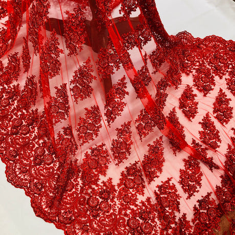 1 Yard Beaded Lace Fabric Embroidered 100 Percent Polyester Net Mesh 50 inch Width