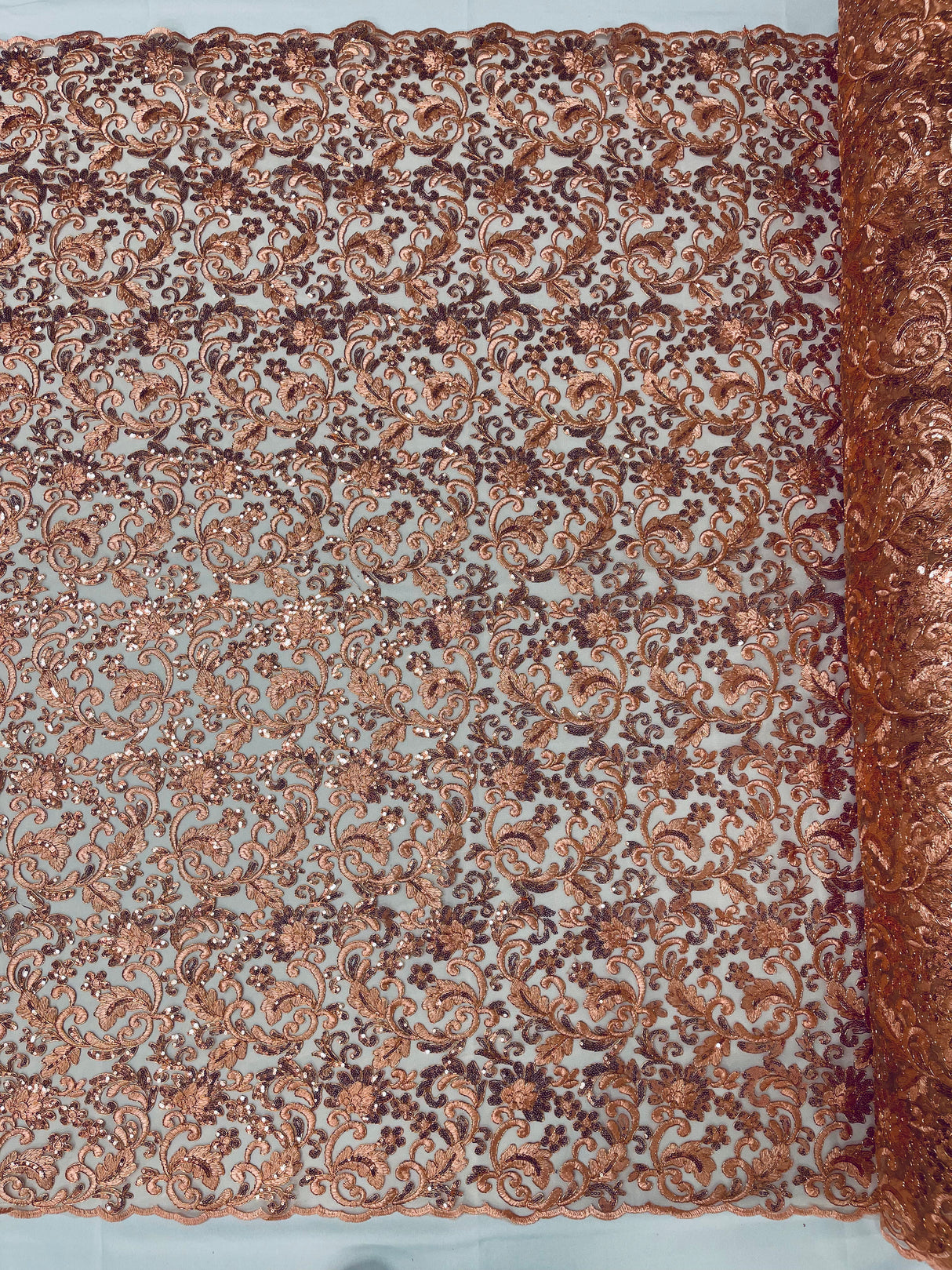 Angela Metallic Corded Lace Fabric - Embroidered Sequins Mesh Lace, Double Scallop Edge, 50-54" Width (1 Yard)