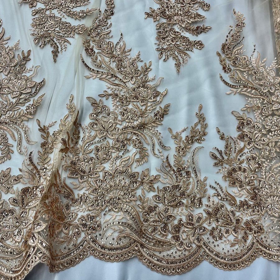 1 Yard Elegant Beaded and Corded Bridal Lace Fabric Embroidered on 100% Polyester Net Mesh White