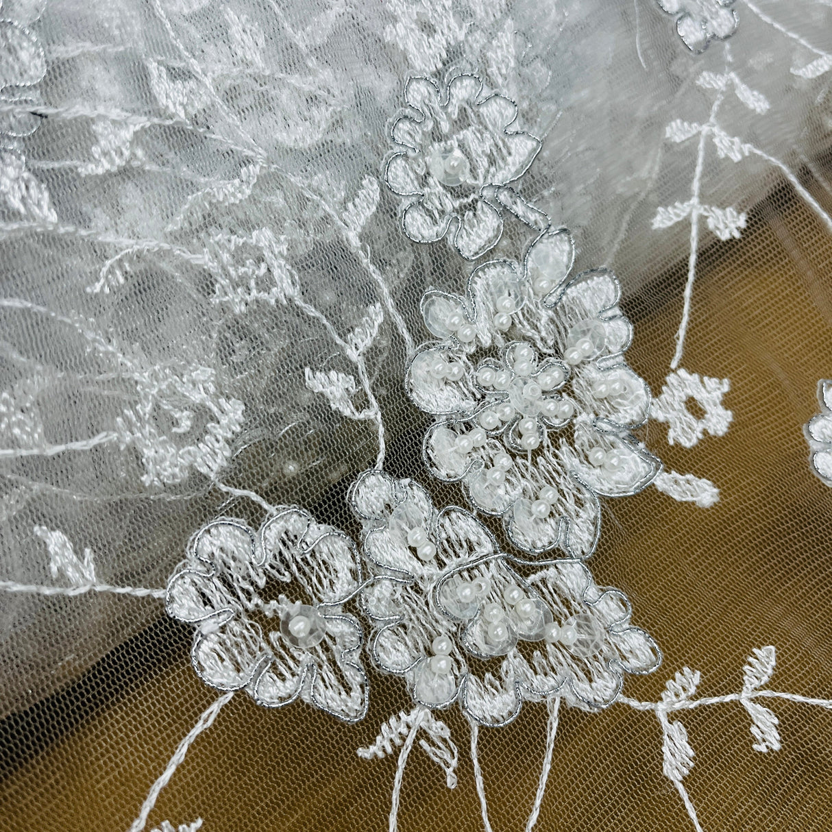 Beaded Corded Lace Fabric 100% Polyester Net Mesh 52"