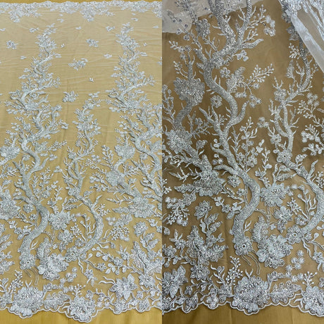 1 Yard Corded Bridal Lace Fabric Embroidered on Polyester Net Mesh White and Ivory