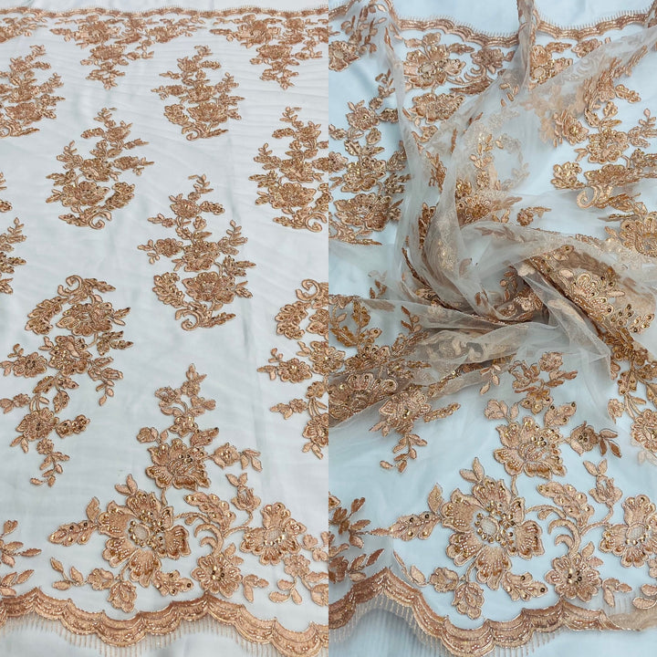 1 Yard Exquisite Beaded and Corded Bridal Lace Fabric Embroidered on 100% Polyester Net Mesh White