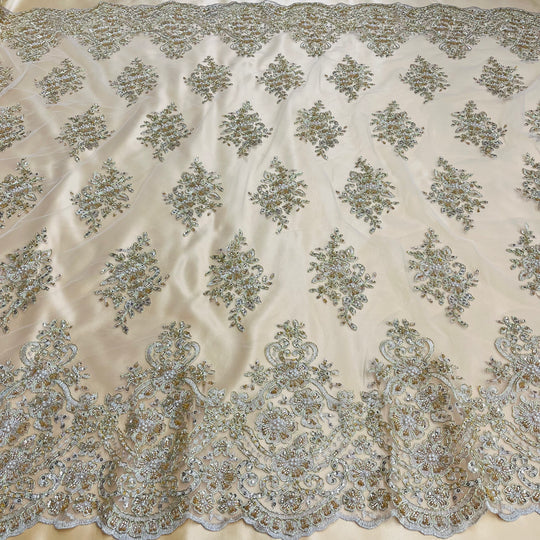 1 Yard Regal Beaded and Corded Lace Fabric with Scallops Embroidered on Polyester Net Mesh