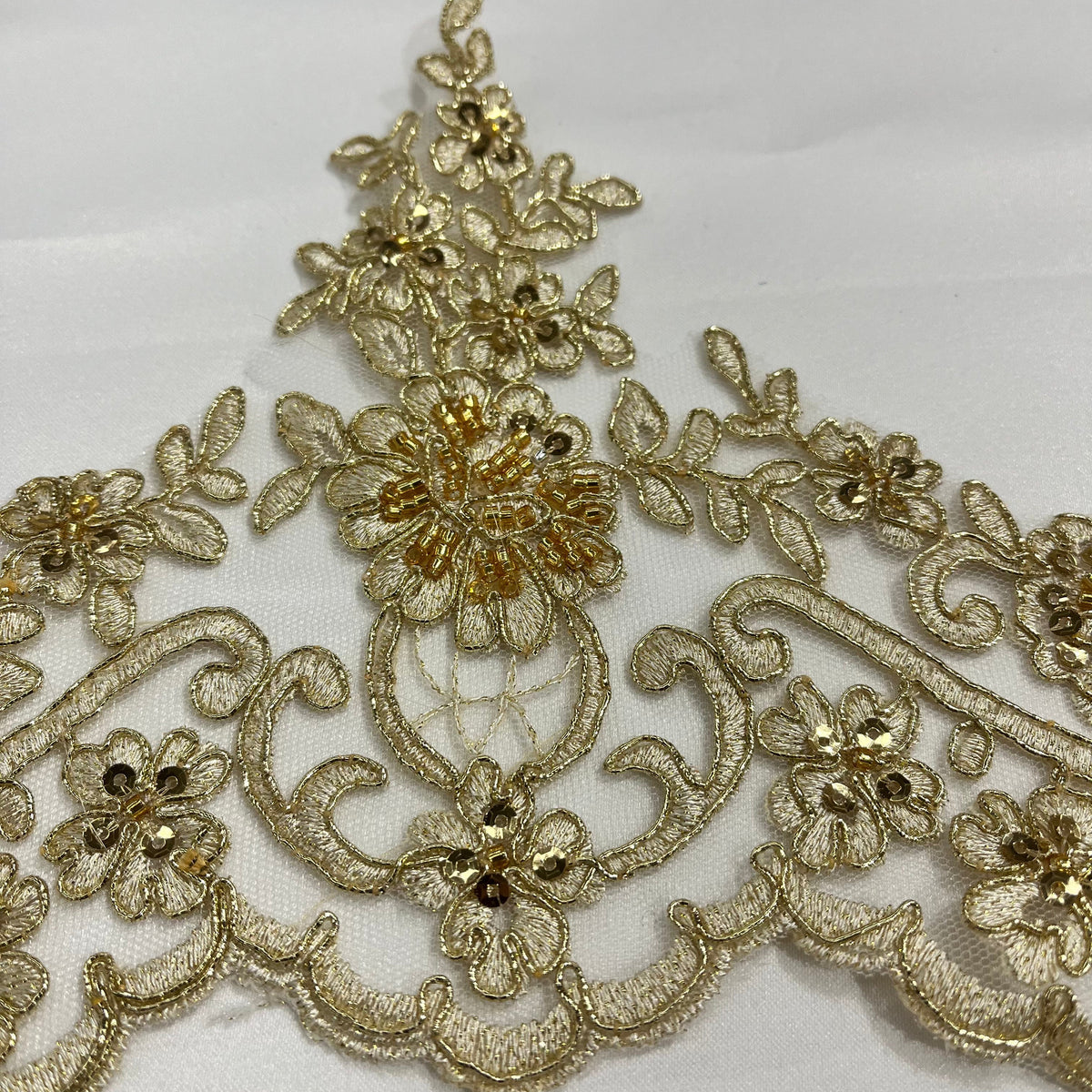 1 Yard Beaded & Corded Floral Lace Trimming on 100% Polyester Net Mesh, Elegant Embroidered Lace Trim