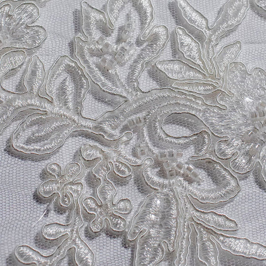 1 Yard Opulent Beaded and Corded Bridal Lace Fabric Embroidered on Polyester Net Mesh