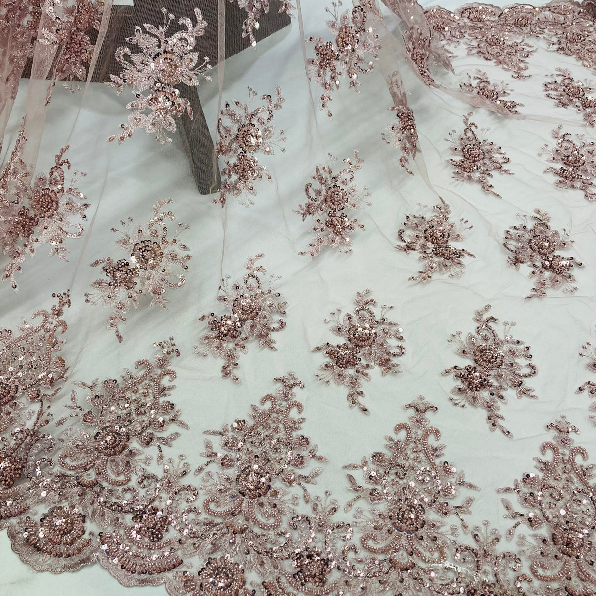 1 Yard Stunning Beaded Lace Fabric Embroidered on 100% Polyester Net Mesh