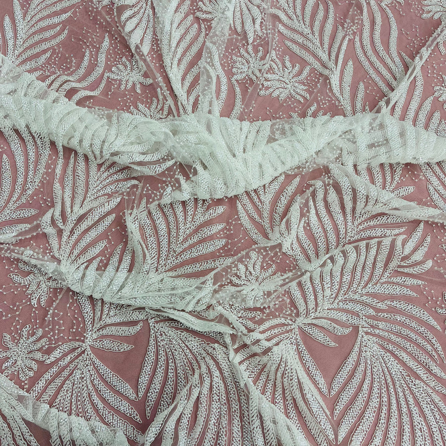 1 Yard Beaded and Corded Bridal Lace Fabric Embroidered on Polyester Net Mesh