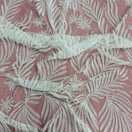 1 Yard Beaded and Corded Bridal Lace Fabric Embroidered on Polyester Net Mesh