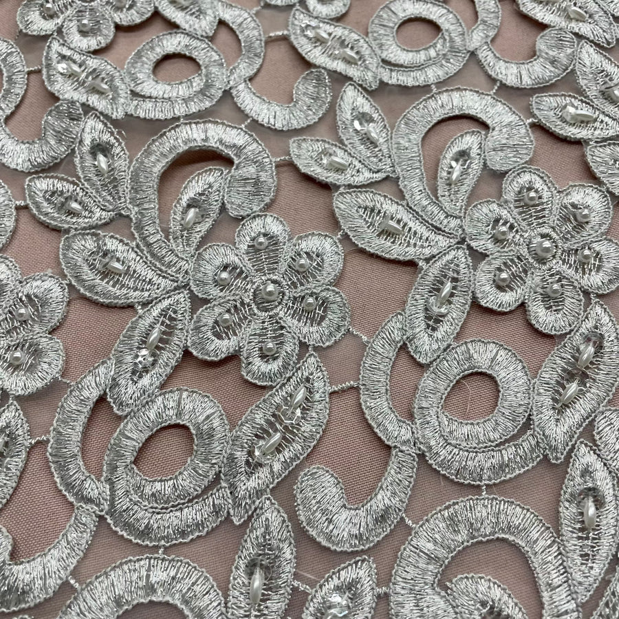 1 Yard Beaded Corded Bridal Lace Fabric Embroidered on 100 Percent Polyester Net Mesh 52 Inch Width