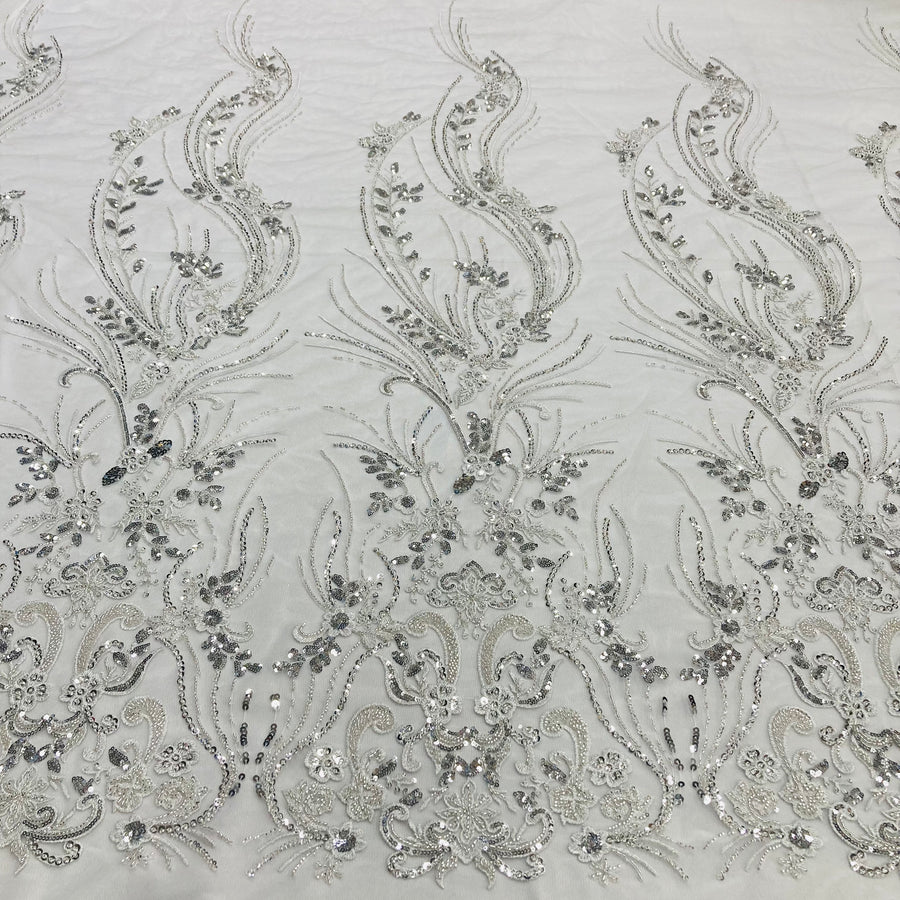 1 Yard Ivory Beaded Lace Fabric Embroidered on 100 Percent Polyester Net Mesh 54 Inch Width