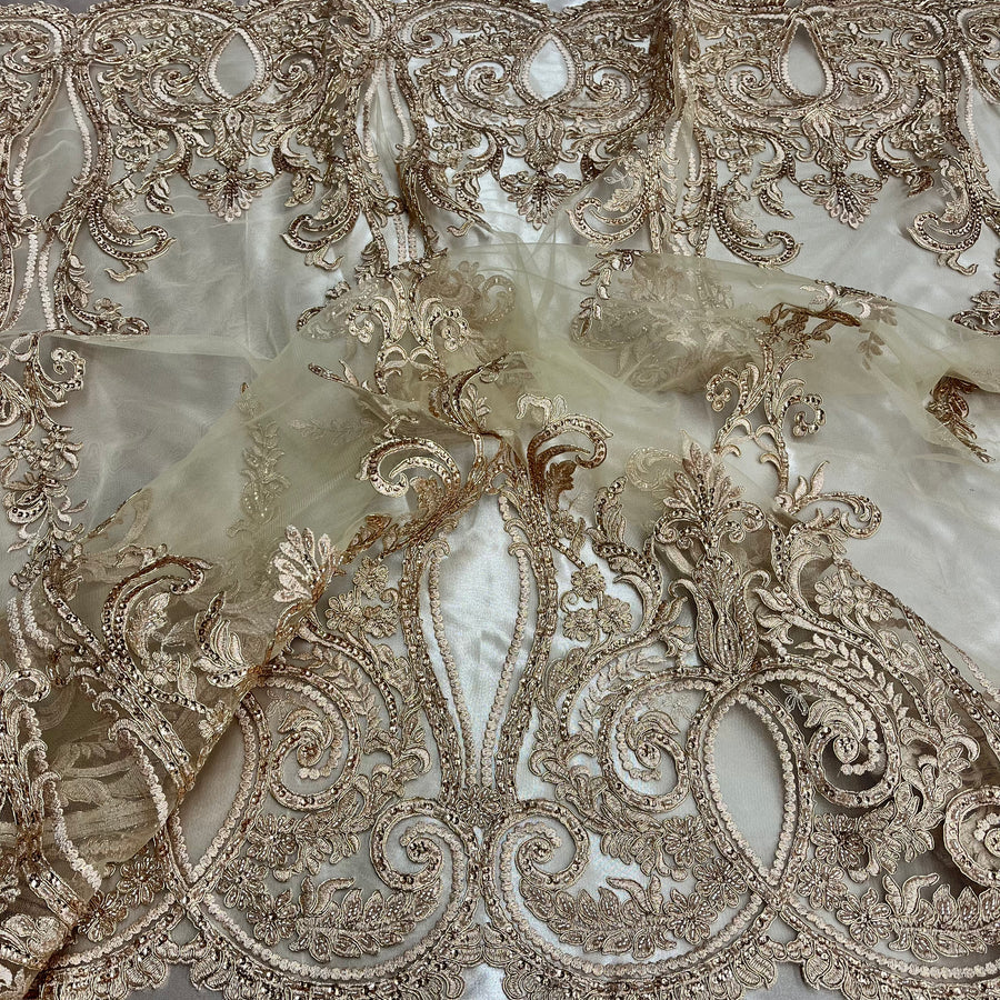 1 Yard Beaded and Corded Bridal Lace Fabric Embroidered on Polyester Net Mesh White