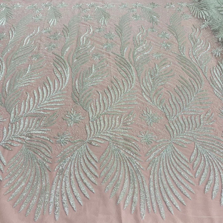 1 Yard Beaded and Corded Bridal Lace Fabric Embroidered on Polyester Net Mesh