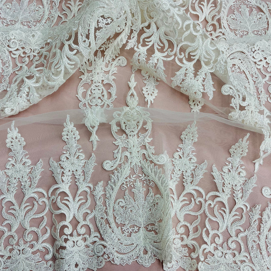 1 Yard Beaded and Corded Bridal Lace Fabric Embroidered on Polyester Net Mesh White Ivory Blush and Gold