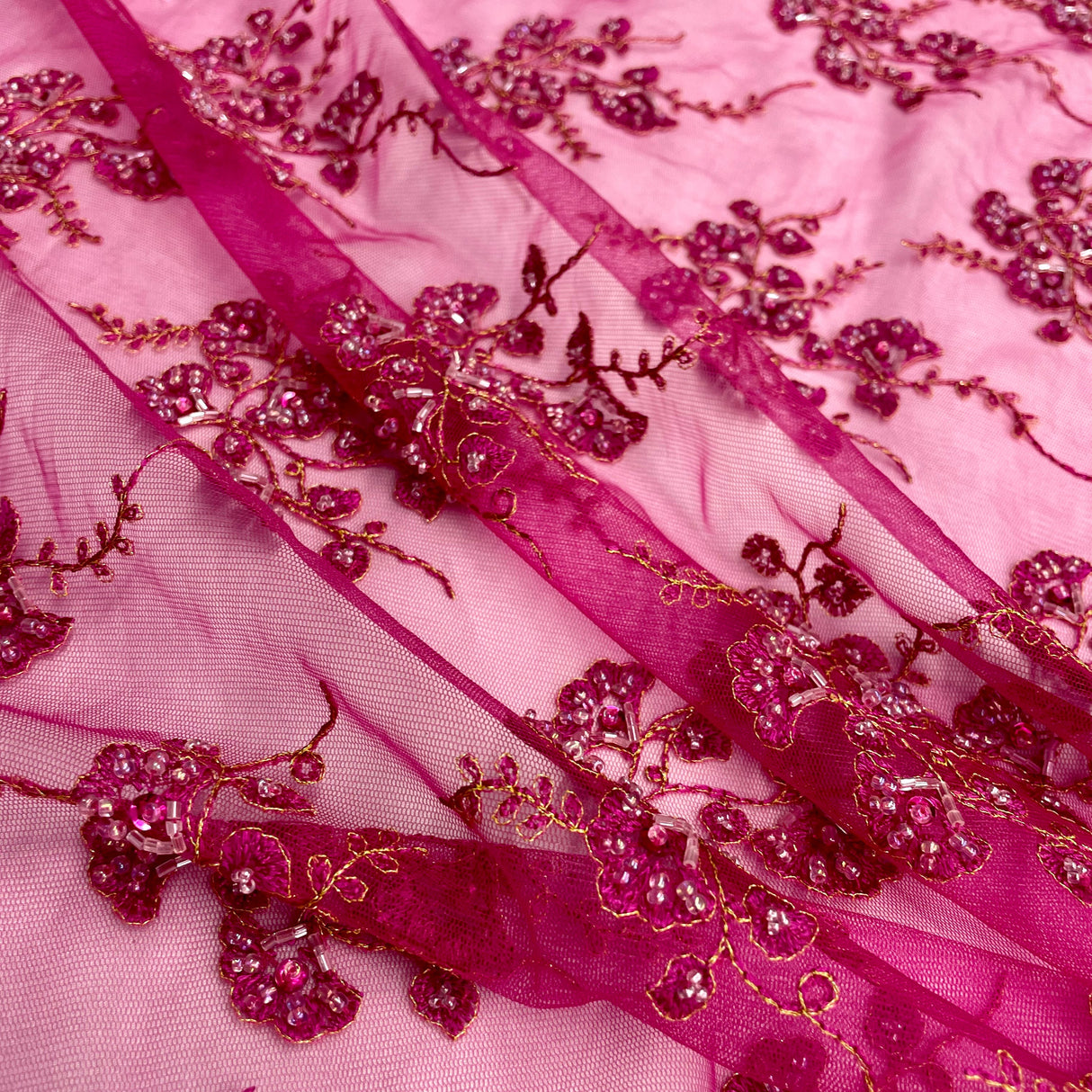 Beaded Sequined Lace Fabric on Polyester Net Mesh