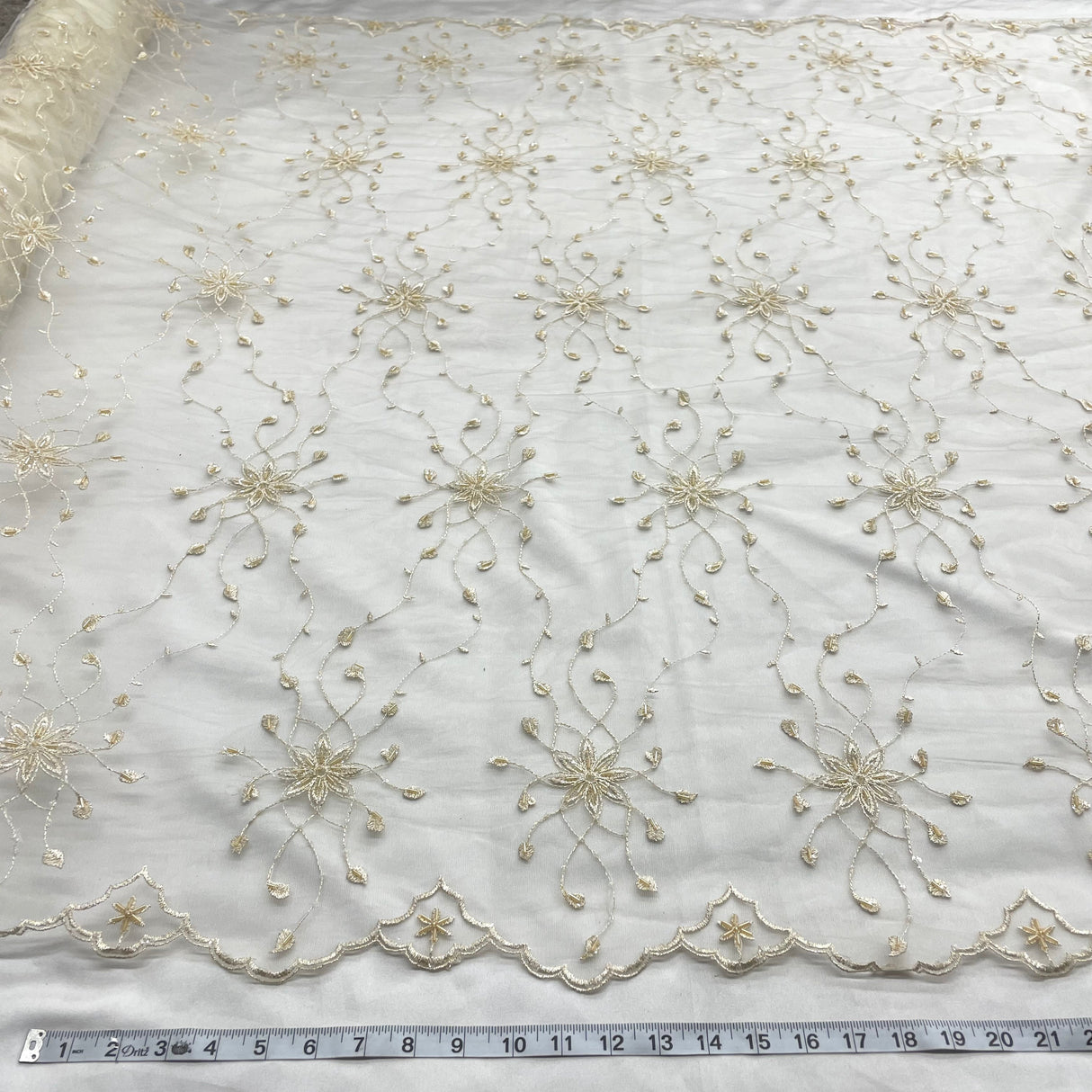 Beaded Lace Fabric on Polyester Net Mesh