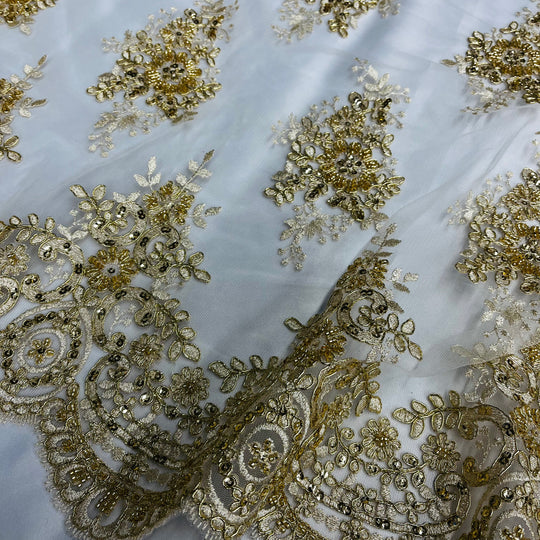 1 Yard Exquisite Beaded and Corded Lace Fabric Embroidered on Polyester Net Mesh