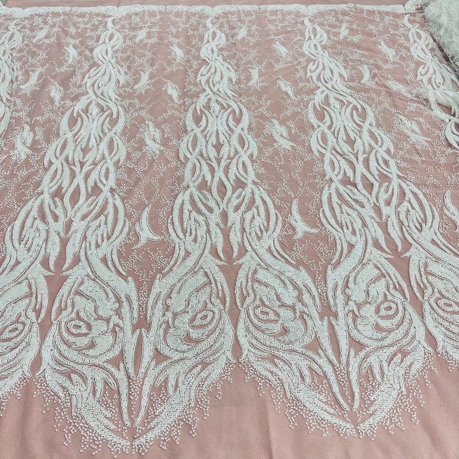 1 Yard Beaded and Corded Bridal Lace Fabric Embroidered on Polyester Net Mesh