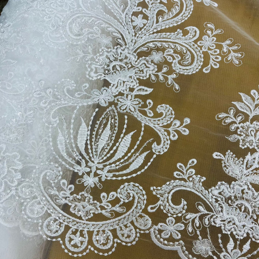 1 Yard Elegant Beaded Lace Fabric Embroidered on Polyester Net Mesh White Ivory and Gold