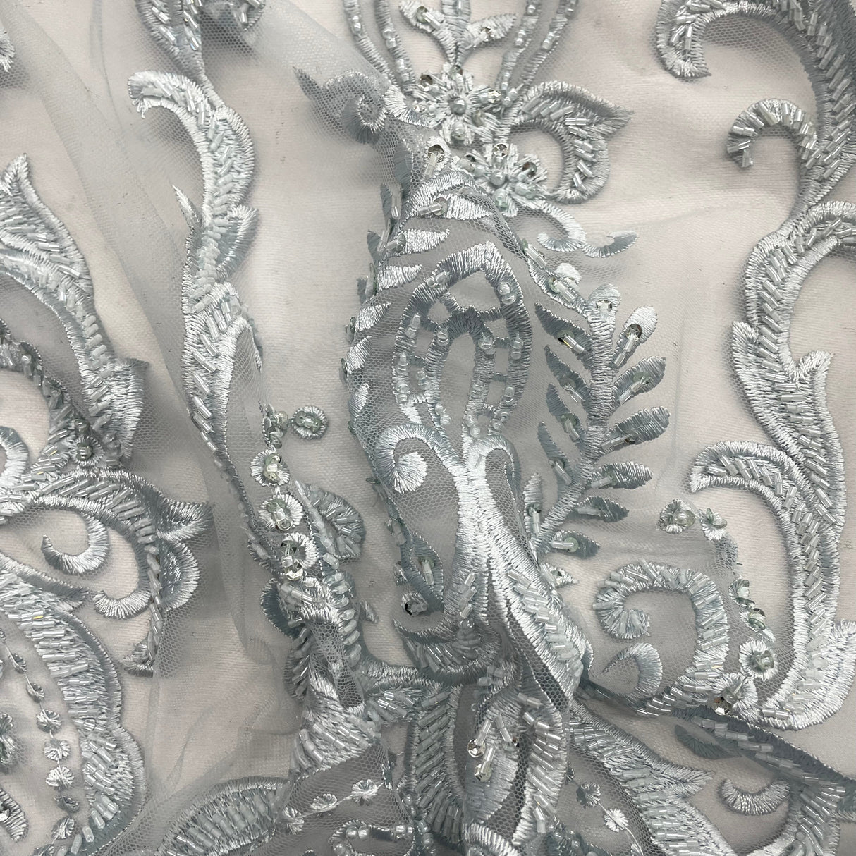 Beaded Lace Fabric on Polyester Net Mesh 54"