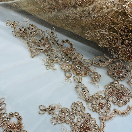 1 Yard Beaded and Corded Bridal Lace Fabric Embroidered on Polyester Net Mesh 54 inch Width