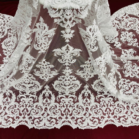 1 Yard Beaded & Corded Lace Fabric Embroidered on 100% Polyester Net Mesh