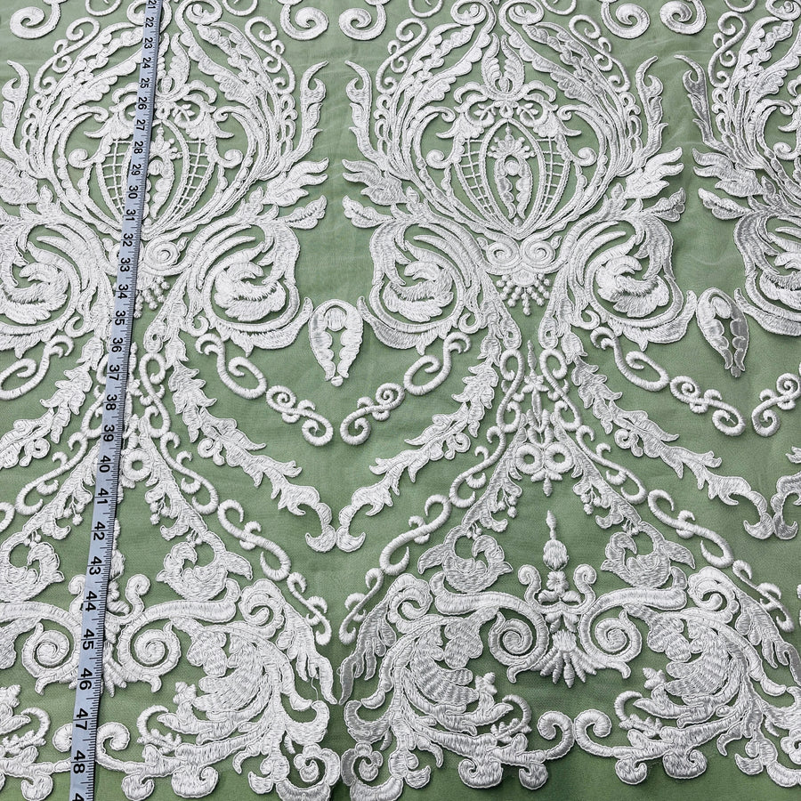 1 Yard Elegant Corded Bridal Lace Fabric Embroidered on 100% Polyester Net Mesh White