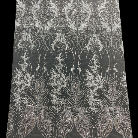 1 Yard Elegant Beaded Lace Fabric Embroidered on 100% Polyester Net Mesh White